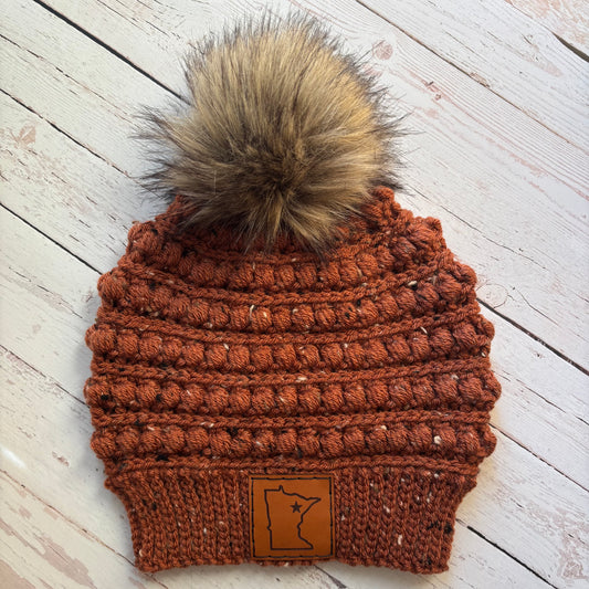 Premium Handmade Crochet Beanie in Various Colors | Gramercy Slouch with Minnesota Patch | NO WOOL (Acrylic) | Detachable Faux Fur Pom Pom  |  Ready To Ship