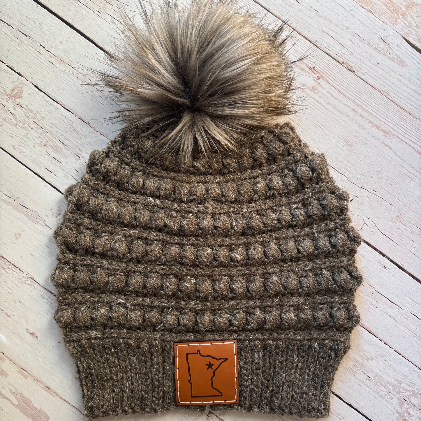 Premium Handmade Crochet Beanie in Various Colors | Gramercy Slouch with Minnesota Patch | NO WOOL (Acrylic) | Detachable Faux Fur Pom Pom  |  Ready To Ship
