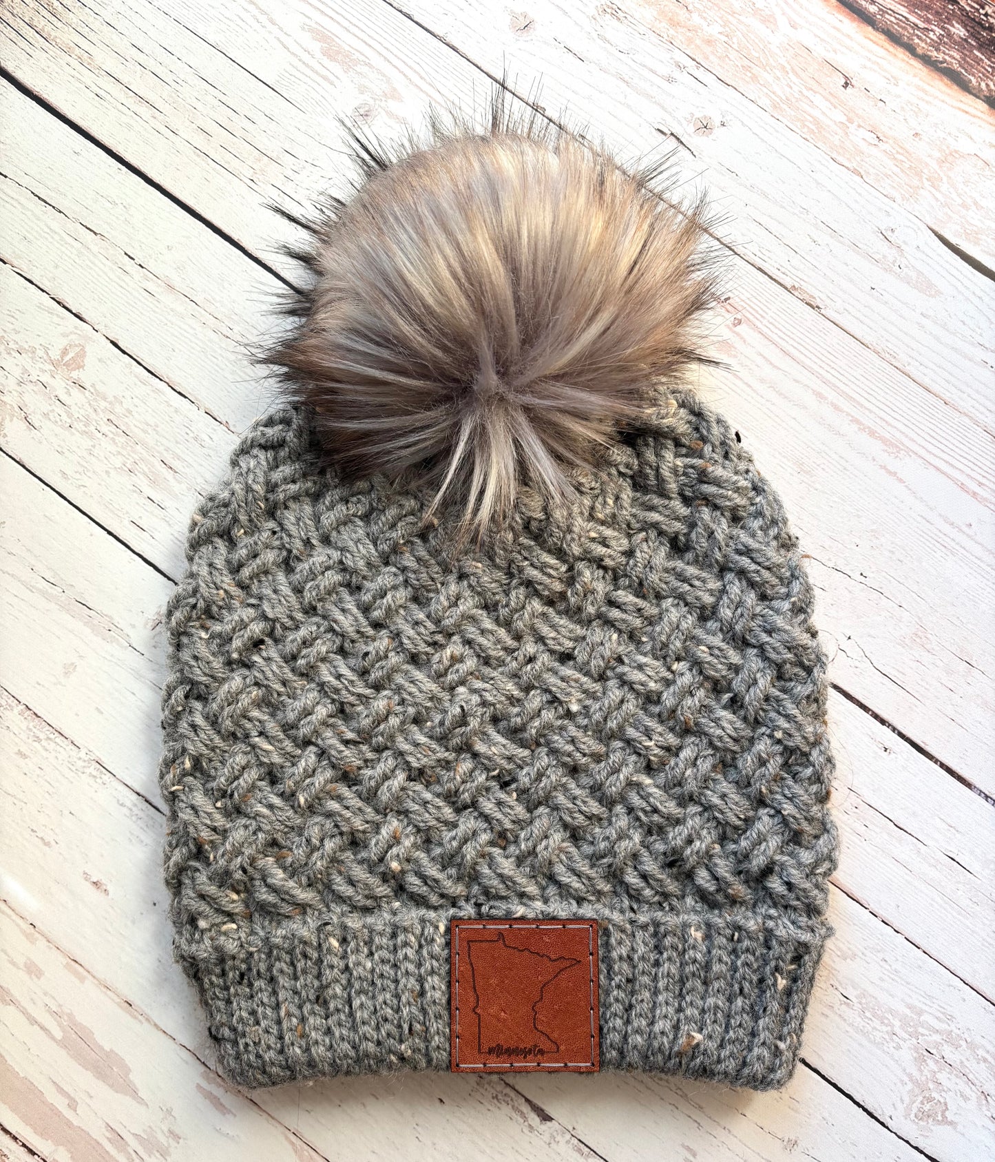 Premium Handmade Crochet Beanie | Diagonal Weave Slouch with Double Brim and Minnesota Patch | Detachable Faux Fur Pom Pom | Ready To Ship
