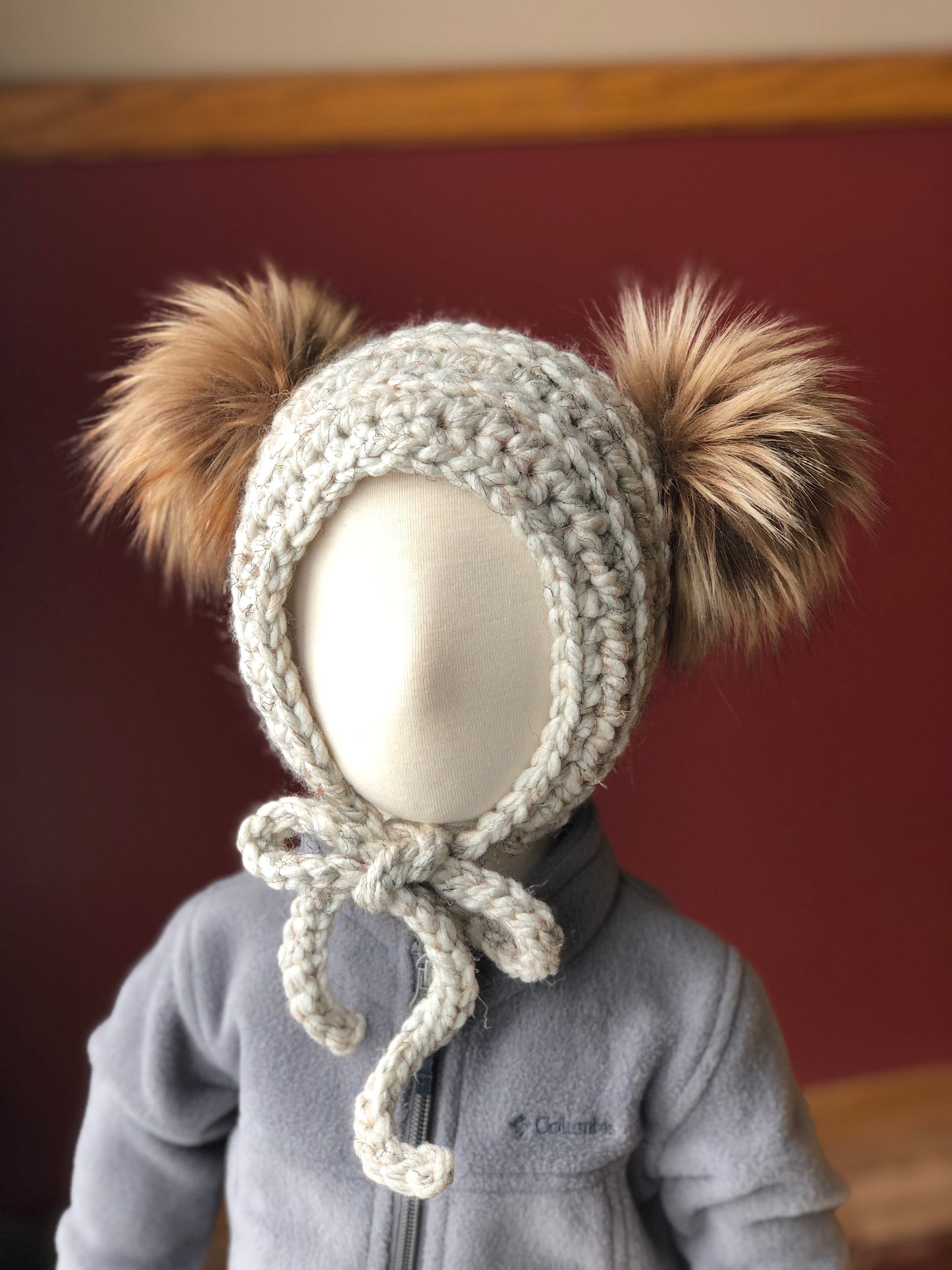 Crochet Pattern for Double Pom Fur Trim Bonnet | Crochet Double Pom Bonnet Pattern | Fur Trim Baby Bonnet Crocheting Pattern | DIY Written Crochet Instructions