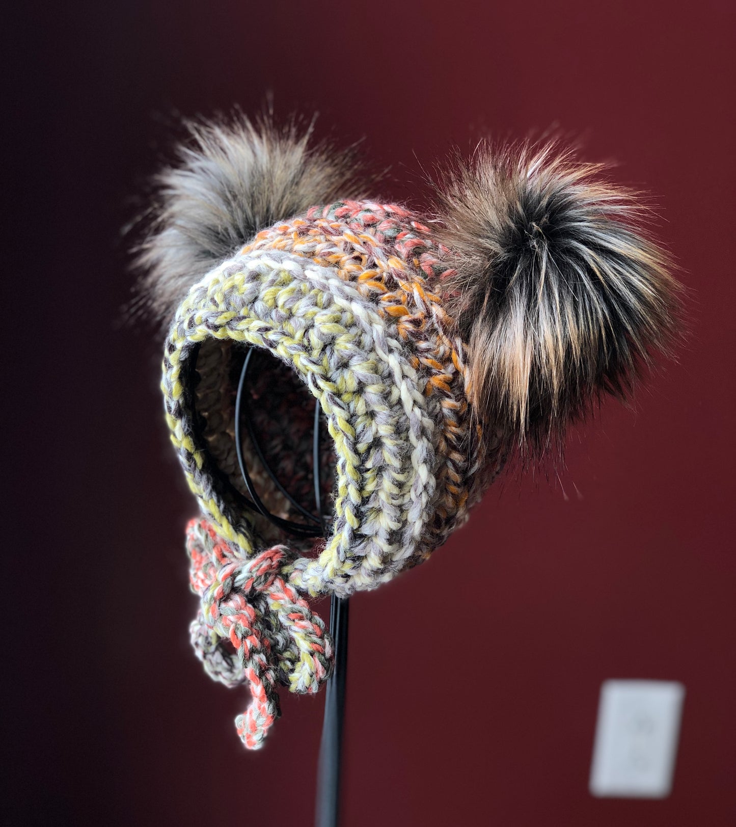 0-6 Months Double Pom Bonnet | Premium Handmade | Detachable Faux Fur Pom Poms | Ready To Ship