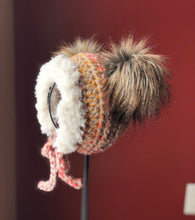 Load image into Gallery viewer, 0-6 Months Double Pom Bonnet | Premium Handmade | Faux Fur Trim | Detachable Faux Fur Pom Poms | Ready To Ship
