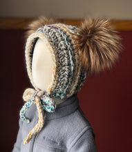 Load image into Gallery viewer, 6-12 Months Double Pom Bonnet  | Premium Handmade | Detachable Faux Fur Pom Poms  |  Ready To Ship
