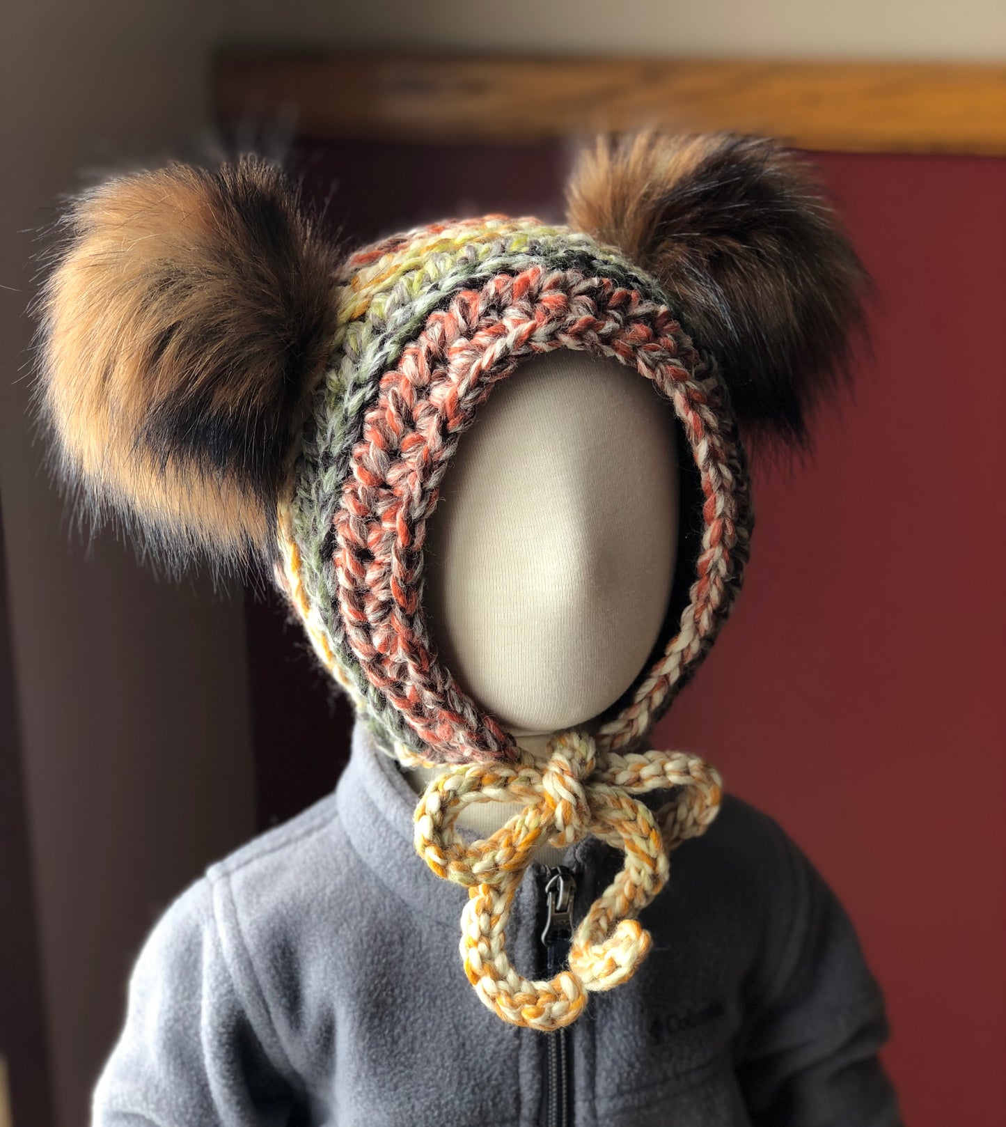 6-12 Months Double Pom Bonnet | Premium Handmade | Detachable Faux Fur Pom Poms | Ready To Ship