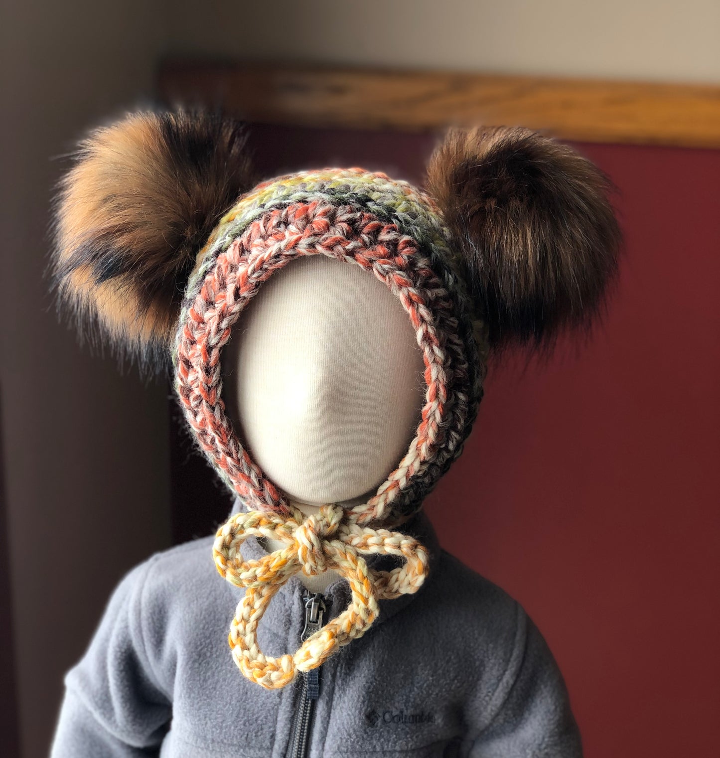 6-12 Months Double Pom Bonnet | Premium Handmade | Detachable Faux Fur Pom Poms | Ready To Ship