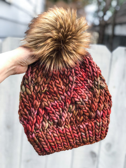 Diamond Twist Beanie | LUXURY Handmade 100% Merino Wool Knit Beanie | Malabrigo Rasta | Detachable Faux Fur Pom Pom | ADULT size | Ready To Ship