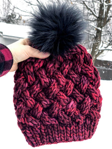 Yukon Slouch LUXURY Handmade 100% Merino Wool Knit Beanie in Malabrigo Rasta with detachable faux fur pom pom - Ready To Ship