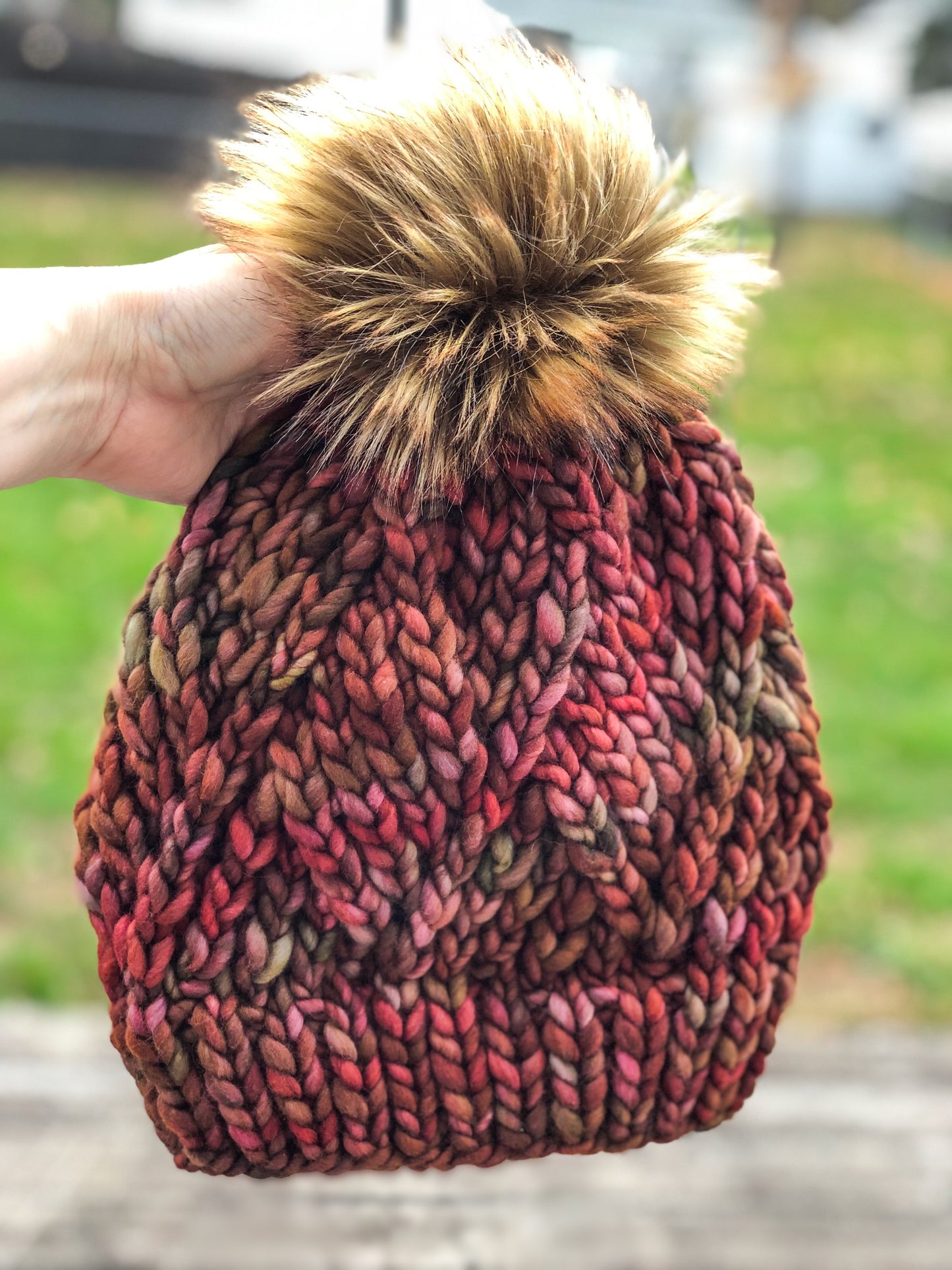 Diamond Twist Beanie | LUXURY Handmade 100% Merino Wool Knit Beanie | Malabrigo Rasta | Detachable Faux Fur Pom Pom | ADULT size | Ready To Ship