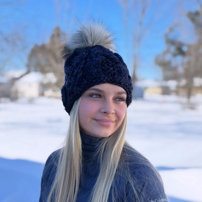 Voyageur Beanie | LUXURY Handmade 100% Merino Wool Knit Beanie | Malabrigo Rasta | Detachable Faux Fur Pom Pom | SMALL ADULT size | Ready To Ship