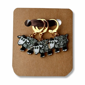 Stitch Markers:  Enamel Sheep with round lever back clasps (set of 3 markers, white or black)