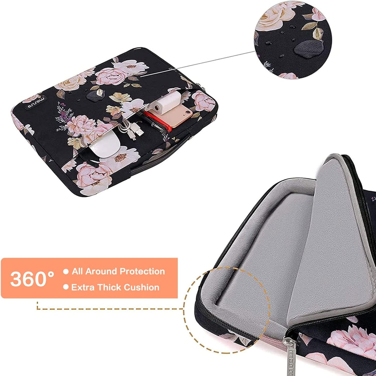 LAPTOP CASE:  Protective Laptop Sleeve Compatible with MacBook Air 13 inch Laptop, Peony Bag with Belt, Black