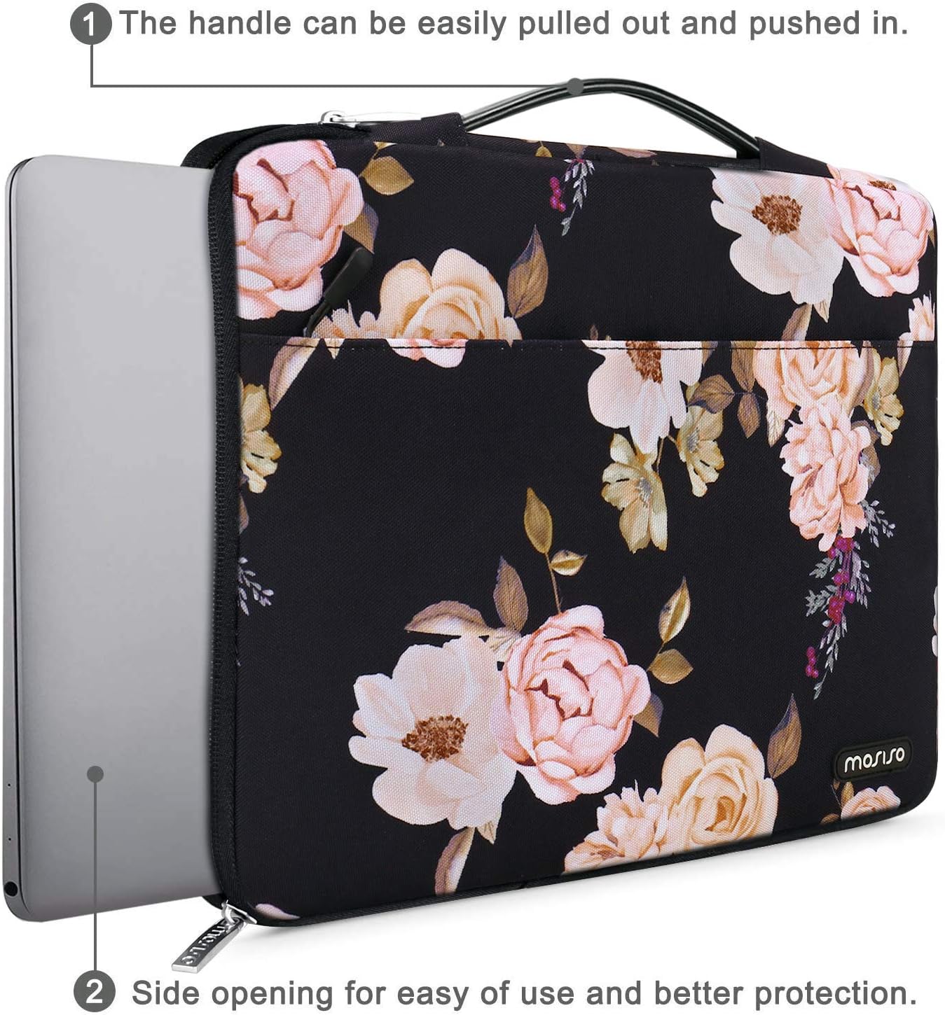 LAPTOP CASE:  Protective Laptop Sleeve Compatible with MacBook Air 13 inch Laptop, Peony Bag with Belt, Black