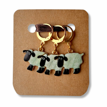 Load image into Gallery viewer, Stitch Markers:  Enamel Sheep with round lever back clasps (set of 3 markers, white or black)
