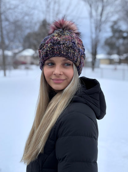 Nordic Cable Link Beanie | LUXURY Handmade 100% Merino Wool Knit Beanie | Malabrigo Rasta | Detachable Faux Fur Pom Pom | SMALL ADULT size | Ready To Ship