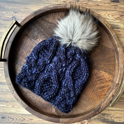 Voyageur Beanie | LUXURY Handmade 100% Merino Wool Knit Beanie | Malabrigo Rasta | Detachable Faux Fur Pom Pom | SMALL ADULT size | Ready To Ship