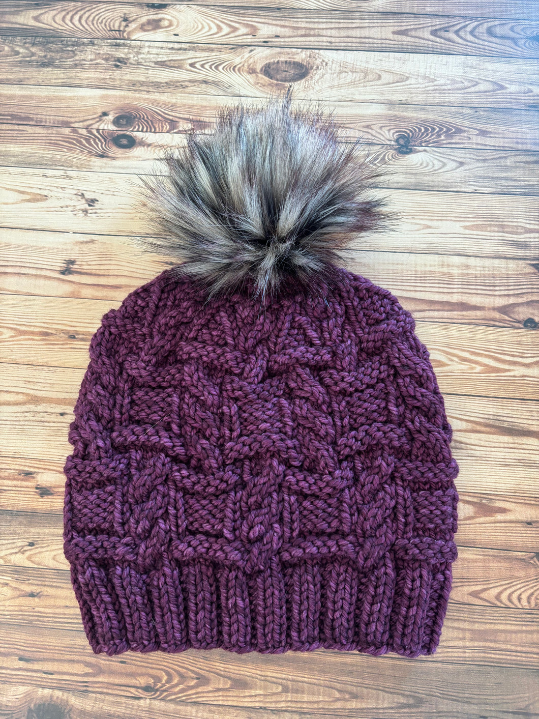 Boxed Cables Beanie | LUXURY Handmade 100% Merino Wool Knit Beanie | Malabrigo Chunky | Detachable Faux Fur Pom Pom | ADULT size | Ready To Ship