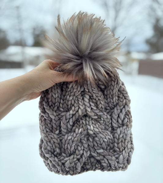 Northland Beanie (alternate version) | LUXURY Handmade 100% Merino Wool Knit Beanie | Malabrigo Rasta | Detachable Faux Fur Pom Pom | SMALL ADULT size | Ready To Ship
