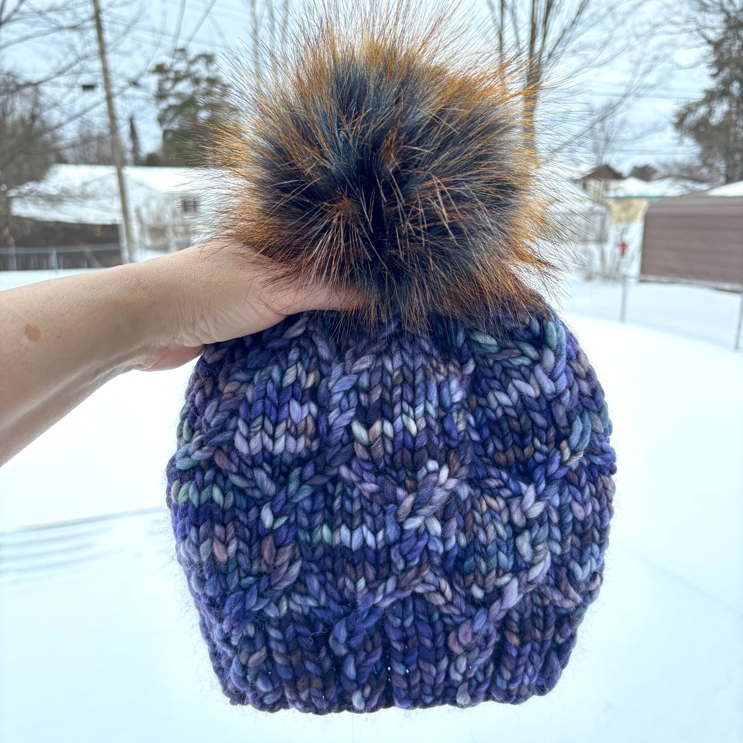 Entangled Beanie (alternate version) | LUXURY Handmade 100% Merino Wool Knit Beanie | Malabrigo Rasta | Detachable Faux Fur Pom Pom | ADULT size | Ready To Ship