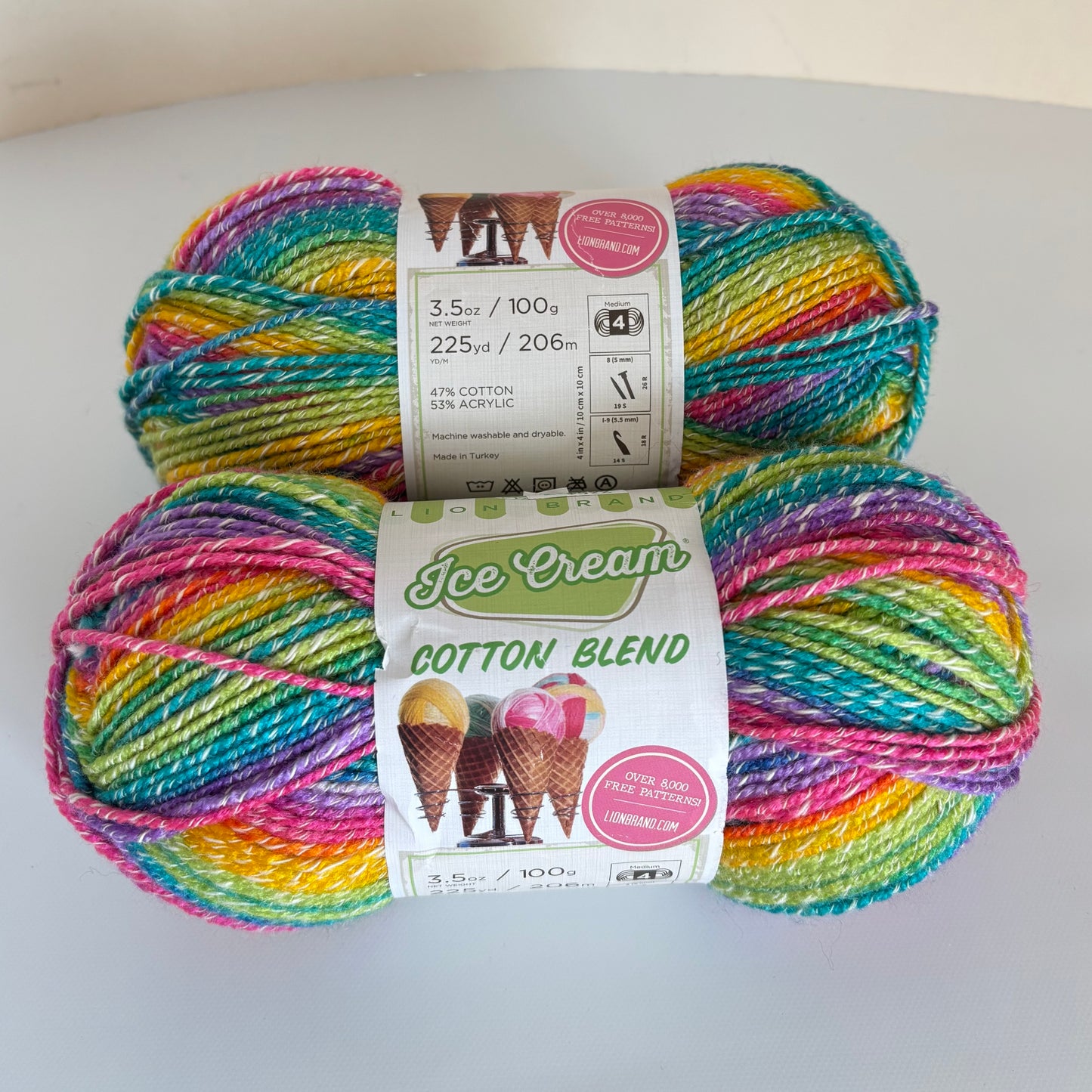 YARN (DISCONTINUED):  Lion Brand Yarn Bee Ice Cream Yarn in Rainbow (lot of 2)