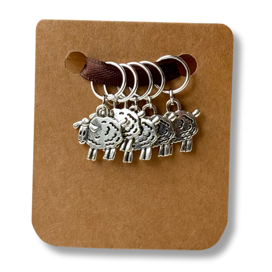 Stitch Markers: Silver Sheep on rings for Knitting Needles (set of 5 markers)