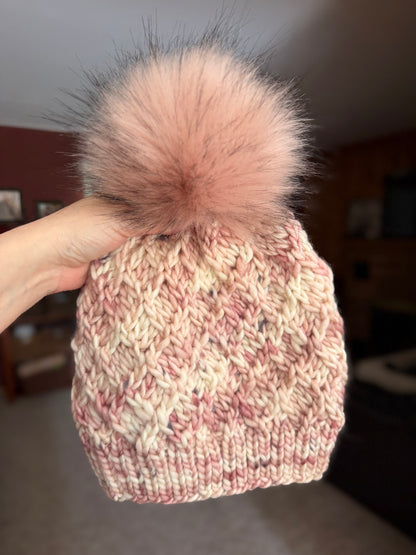 Crossweave Beanie | LUXURY Handmade 100% Merino Wool Knit Beanie | Manos del Uruguay Franca | Detachable Faux Fur Pom Pom | ADULT size | Ready To Ship