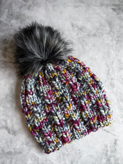 Due North Beanie | LUXURY Handmade 100% Merino Wool Knit Beanie | Malabrigo Rasta | Detachable Faux Fur Pom Pom | ADULT size | Ready To Ship
