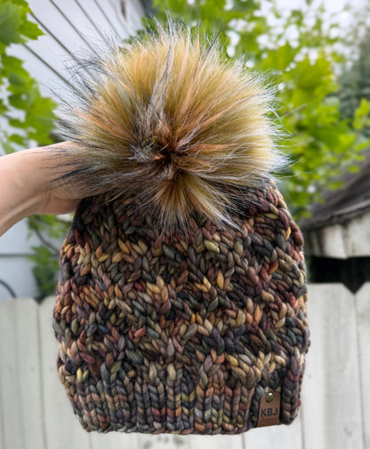 Crossweave Beanie | LUXURY Handmade 100% Merino Wool Knit Beanie | Malabrigo Rasta | Detachable Faux Fur Pom Pom | ADULT size | Ready To Ship