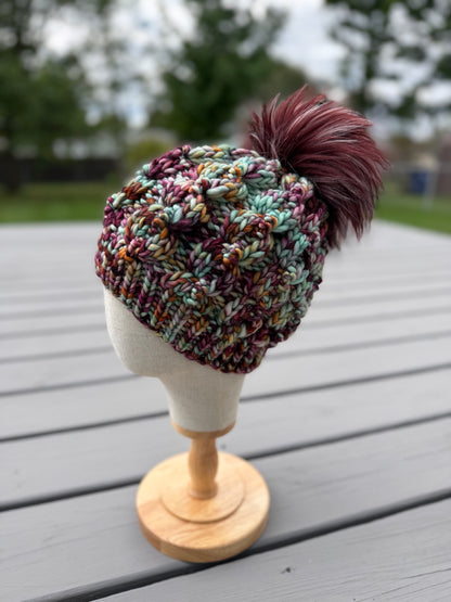 Nordic Cable Link Beanie | LUXURY Handmade 100% Merino Wool Knit Beanie | Manos del Uruguay Franca | Detachable Faux Fur Pom Pom | ADULT size | Ready To Ship