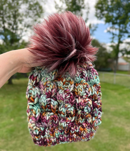 Nordic Cable Link Beanie | LUXURY Handmade 100% Merino Wool Knit Beanie | Manos del Uruguay Franca | Detachable Faux Fur Pom Pom | ADULT size | Ready To Ship