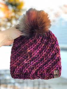 Alpine Swirl Beanie | LUXURY Handmade 100% Merino Wool Knit Beanie | Malabrigo Rasta | Detachable Faux Fur Pom Pom | TODDLER/CHILD size | Ready To Ship