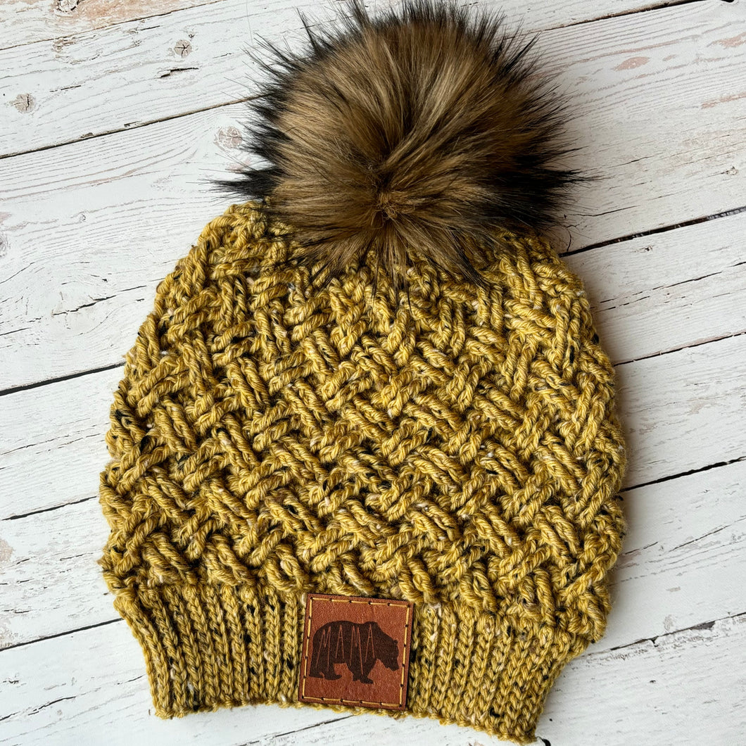 Premium Handmade Crochet Beanie with Mama Bear Patch | Mini Tundra Weave Slouch | Detachable Faux Fur Pom Pom | Ready To Ship