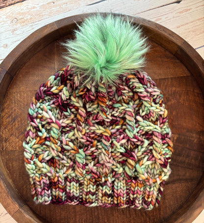 Wine Twister Beanie | LUXURY Handmade 100% Merino Wool Knit Beanie | Franca Manos del Uruguay | Detachable Faux Fur Pom Pom | MEDIUM/LARGE ADULT size | Ready To Ship