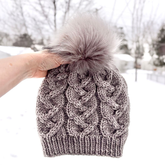 Wandering Cables Beanie | LUXURY Handmade 100% Merino Wool Knit Beanie | Malabrigo Chunky | Detachable Faux Fur Pom Pom | ADULT Size | Ready To Ship