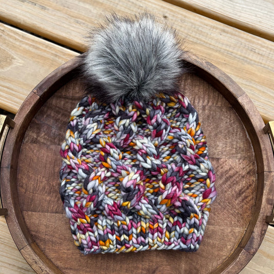 Interlinked Beanie | LUXURY Handmade 100% Merino Wool Knit Beanie | Malabrigo Rasta | Detachable Faux Fur Pom Pom | ADULT size | Ready To Ship