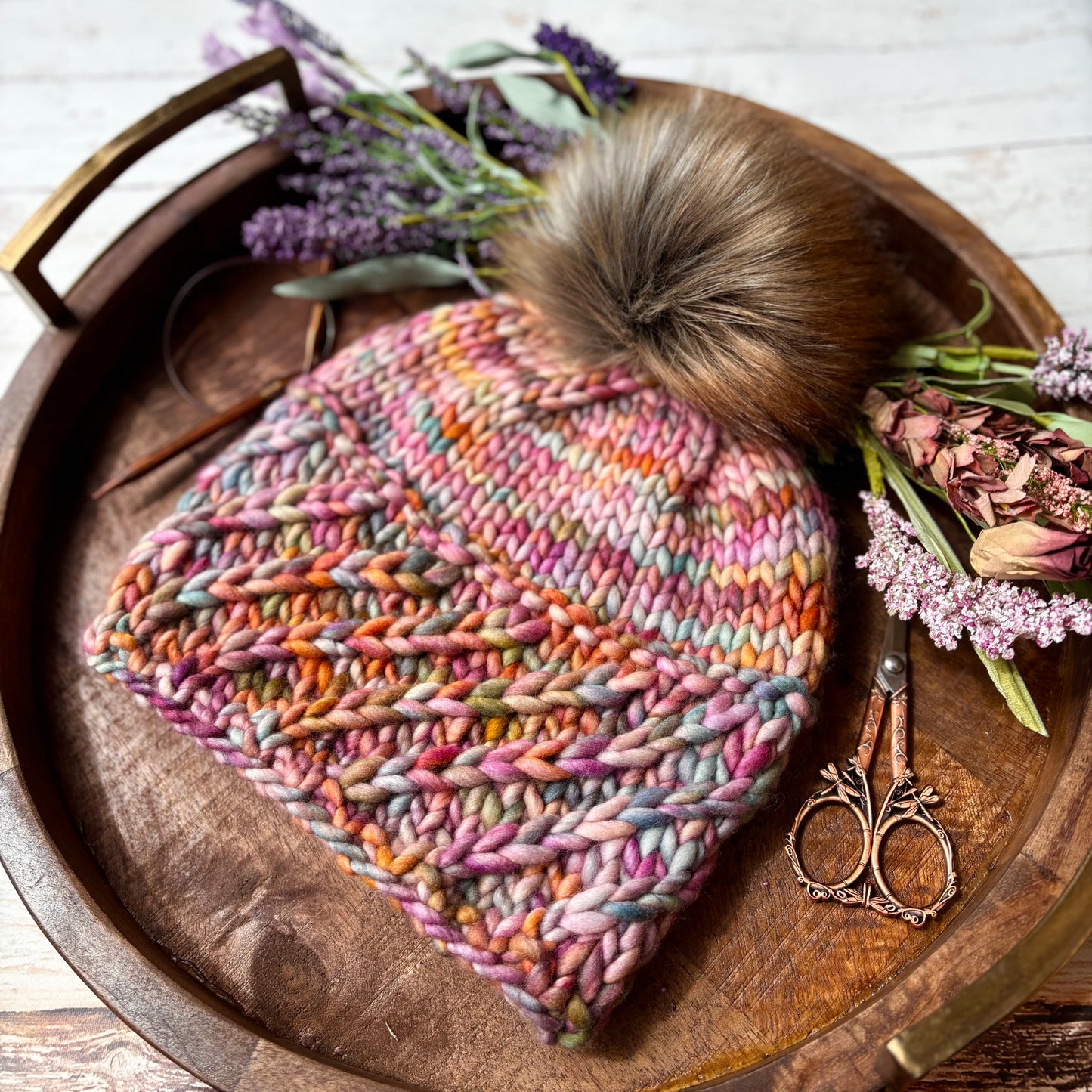 Alpine Twist Beanie | LUXURY Handmade 100% Merino Wool Knit Beanie | Malabrigo Rasta | Detachable Faux Fur Pom Pom | ADULT size | Ready To Ship
