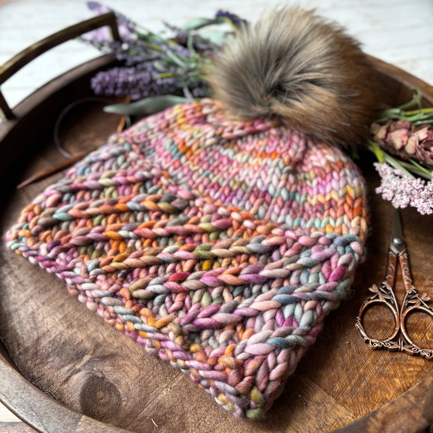 Alpine Twist Beanie | LUXURY Handmade 100% Merino Wool Knit Beanie | Malabrigo Rasta | Detachable Faux Fur Pom Pom | ADULT size | Ready To Ship