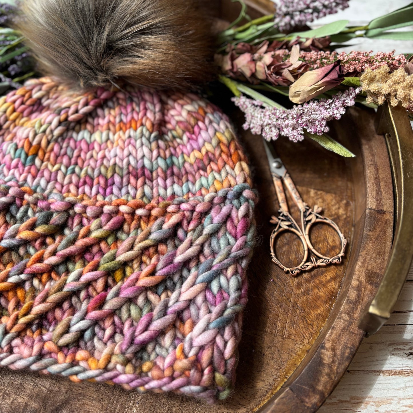 Alpine Twist Beanie | LUXURY Handmade 100% Merino Wool Knit Beanie | Malabrigo Rasta | Detachable Faux Fur Pom Pom | ADULT size | Ready To Ship