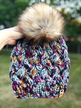 Load image into Gallery viewer, Yukon Slouch LUXURY Handmade 100% Merino Wool Knit Beanie in Malabrigo Rasta with detachable faux fur pom pom - Ready To Ship
