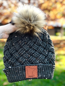 Premium Handmade Crochet Beanie | Tundra Weave Slouch with Double Brim and Minnesota Patch | Detachable Faux Fur Pom Pom | Ready To Ship