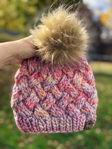 Yukon Slouch LUXURY Handmade 100% Merino Wool Knit Beanie in Malabrigo Rasta with detachable faux fur pom pom (Child Size) - Ready To Ship