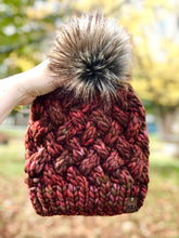 Load image into Gallery viewer, Yukon Slouch LUXURY Handmade 100% Merino Wool Knit Beanie in Malabrigo Rasta with detachable faux fur pom pom - Ready To Ship
