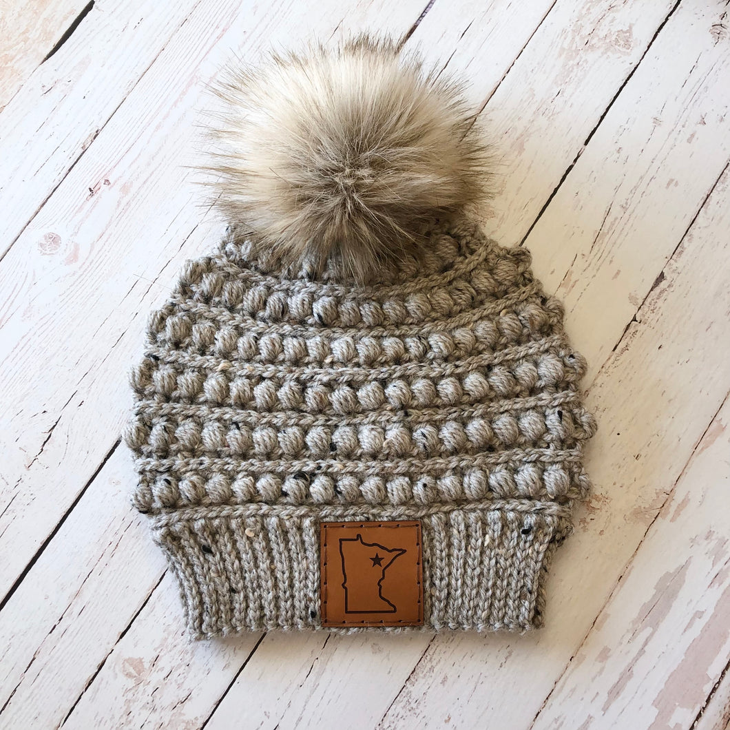 Premium Handmade Crochet Beanie in Various Colors | Gramercy Slouch with Minnesota Patch | Wool Blend | Detachable Faux Fur Pom Pom  |  Ready To Ship