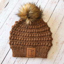 Load image into Gallery viewer, Premium Handmade Crochet Beanie in Various Colors | Gramercy Slouch with Minnesota Patch | Wool Blend | Detachable Faux Fur Pom Pom  |  Ready To Ship
