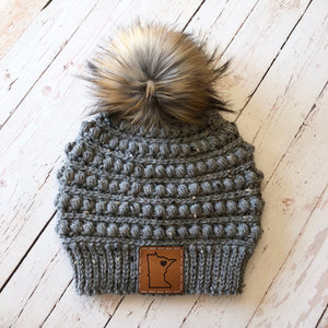 Premium Handmade Crochet Beanie in Various Colors | Gramercy Slouch with Minnesota Patch | Wool Blend | Detachable Faux Fur Pom Pom  |  Ready To Ship