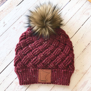 Premium Handmade Crochet Beanie with Minnesota Patch | Tundra Weave Slouch | Detachable Faux Fur Pom Pom | Ready To Ship