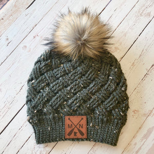 Premium Handmade Crochet Beanie with Minnesota Patch | Tundra Weave Slouch | Detachable Faux Fur Pom Pom | Ready To Ship