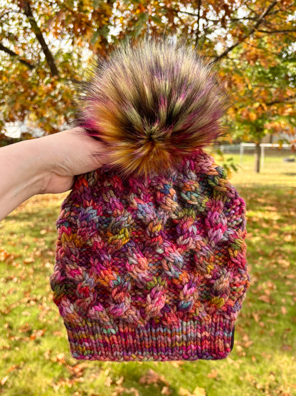 Interlinked Beanie | LUXURY Handmade 100% Merino Wool Knit Beanie | Malabrigo Chunky | Detachable Faux Fur Pom Pom | ADULT Size | Ready To Ship