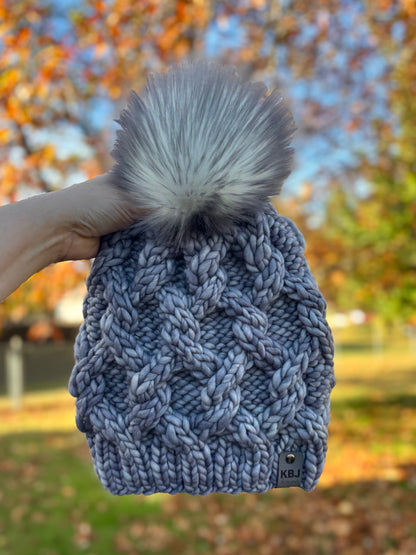 Interlinked Beanie | LUXURY Handmade 100% Merino Wool Knit Beanie | Malabrigo Rasta | Detachable Faux Fur Pom Pom | ADULT size | Ready To Ship