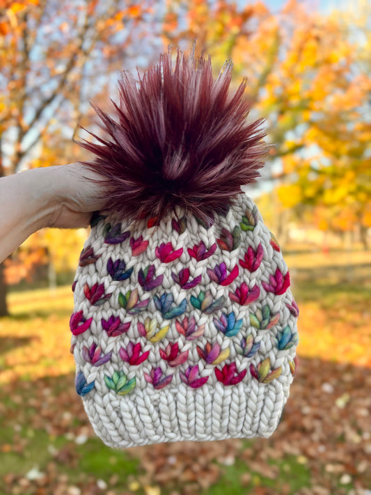 Lotus Flower Beanie | LUXURY Handmade 100% Merino Wool Knit Beanie | Malabrigo Rasta | Detachable Faux Fur Pom Pom | ADULT size | Ready To Ship