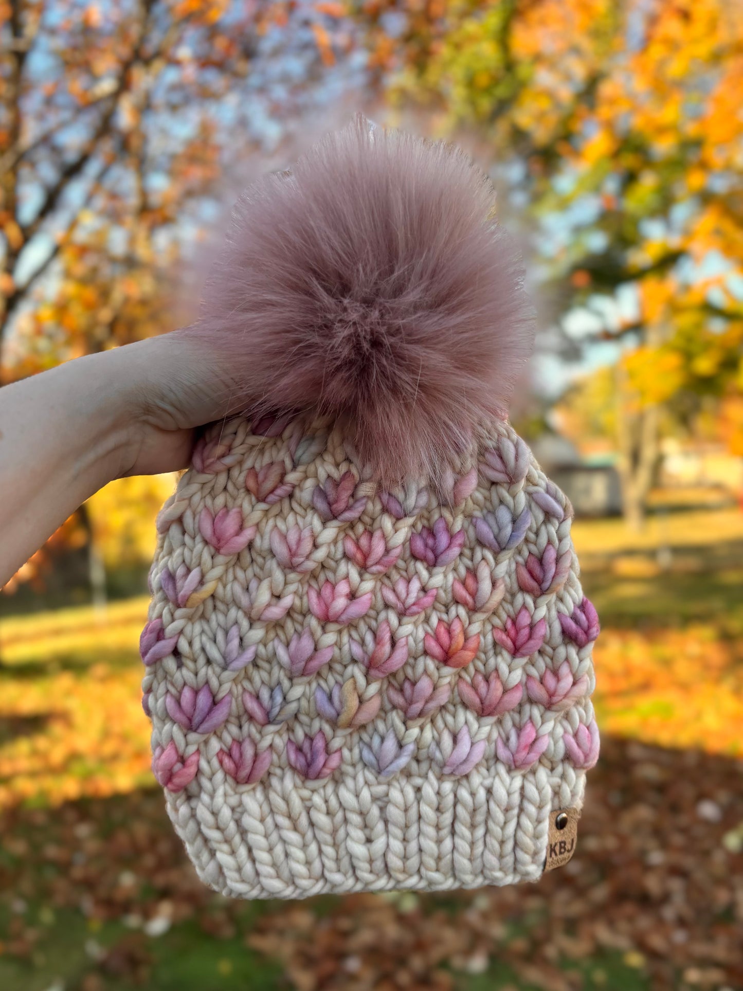 Lotus Flower Beanie | LUXURY Handmade 100% Merino Wool Knit Beanie | Malabrigo Rasta | Detachable Faux Fur Pom Pom | ADULT size | Ready To Ship